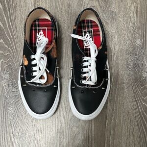 Vans black leather , studs, bleach wash tye dye , denim tongue